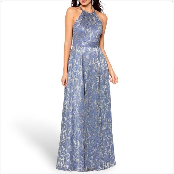 Betsy & Adam Steel Gold Foil Printed Fit and Flare Halter Gown Dress NWT NEW 10